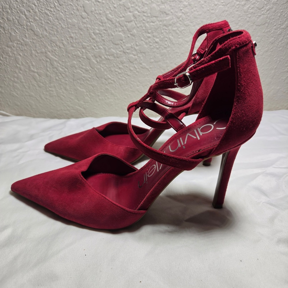 Calvin Klein Dentel Red Suede Strappy Pointed Toe Pumps Heels 10M KCDENTEL